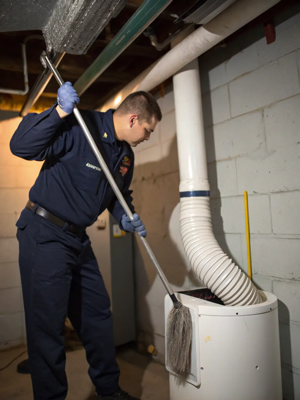A close-up shot of a technician meticulously cleaning a dryer vent with specialized tools, removing lint and debris.