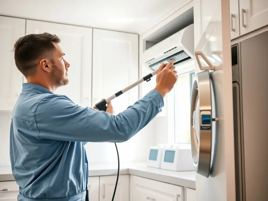 Technician cleaning a dryer vent and furnace in a residential setting, highlighting the additional services offered beyond just air duct cleaning.