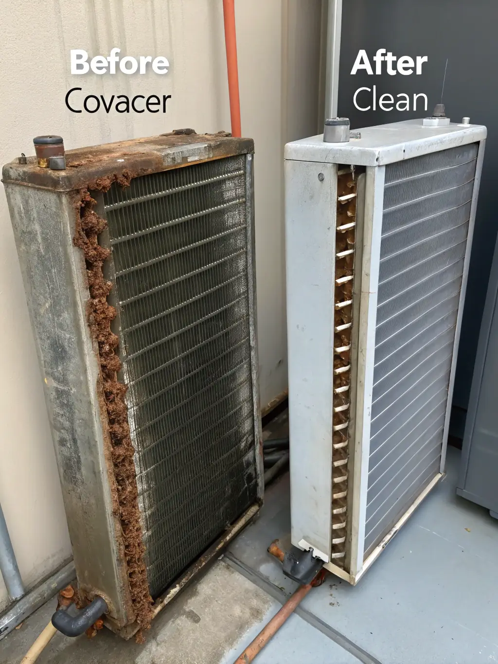 Close-up of dirty HVAC coils, illustrating the need for professional cleaning to maintain system efficiency and prevent mold growth, offered by ALO Duct Cleaning.