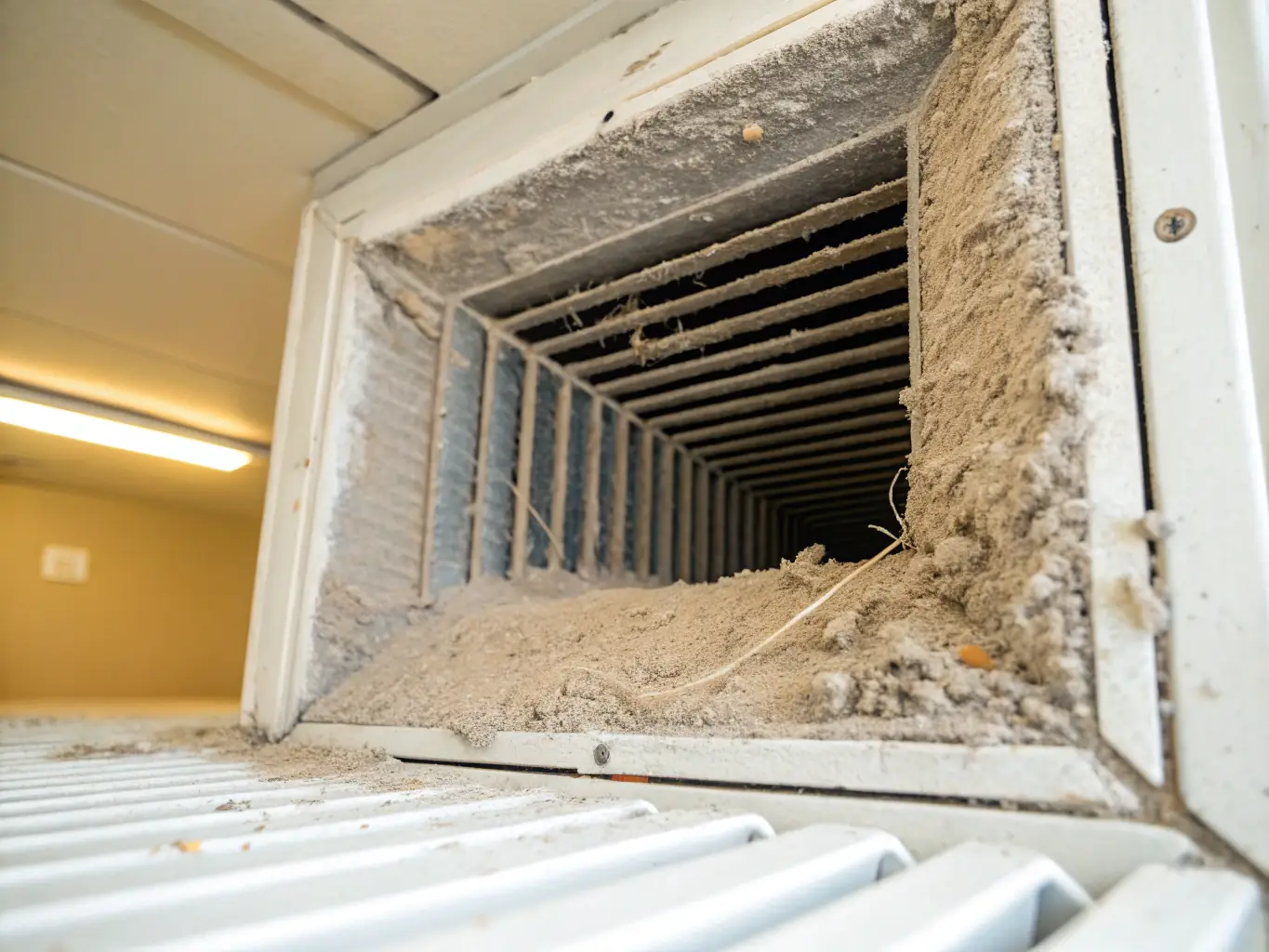 A before-and-after image showing a dirty air duct versus a clean one, highlighting the effectiveness of ALO Duct Cleaning's services.