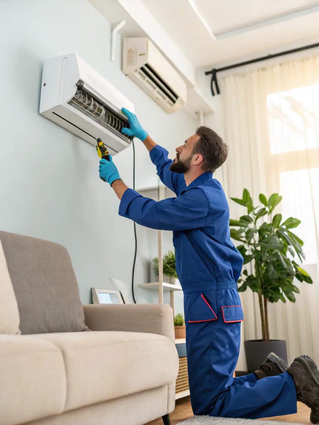 Image of a technician cleaning a central AC unit, showcasing ALO Duct Cleaning's expertise in maintaining and cleaning AC systems for optimal performance.